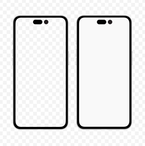 Phone mockup similar to iphone Frontal iphone 14 mockup template with empty screen. Minimal iphone vector mock up without a notch around the front camera iphone stock illustrations