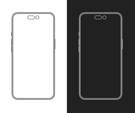 Frontal iphone 14 wireframe mockup template with empty screen. Minimal iphone vector mock up without a notch around the front camera