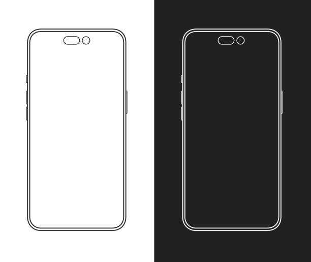 Phone mockup wireframe similar to iphone Frontal iphone 14 wireframe mockup template with empty screen. Minimal iphone vector mock up without a notch around the front camera iphone stock illustrations