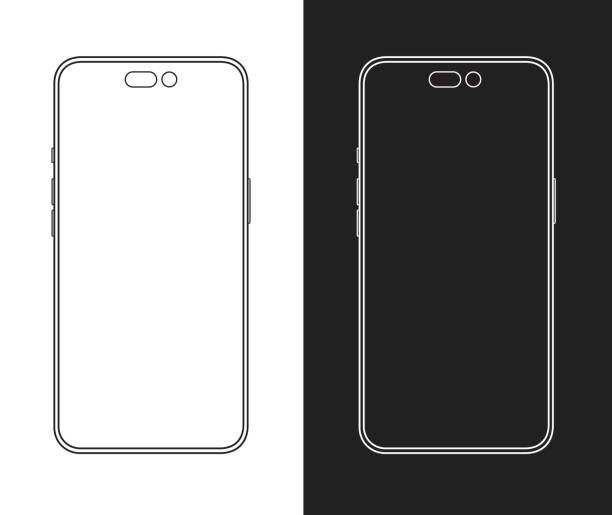 Phone mockup wireframe similar to iphone Frontal iphone 14 wireframe mockup template with empty screen. Minimal iphone vector mock up without a notch around the front camera number 14 stock illustrations