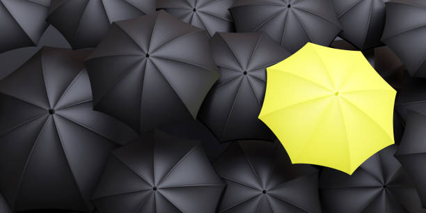 istock Standout from crowd, different concept. One yellow umbrella on black umbrellas background. 3d render 1407677963