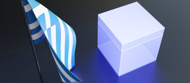 istock Election in Greece. White ballot box and Greek flag. Blank voting box, above view. 3d render 1407677971