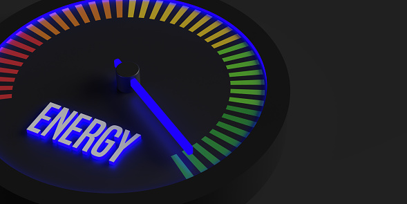 3D gauge tool concept: Speedometer icon on black background with copy space. Rating Meter charging from red to green. Electric dashboard indicator showing progress of rising growth. E Green energy in industry. Eco friendly future. Economy, industry indicator.