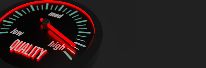 3D gauge tool concept: Speedometer icon on black background with copy space. Rating Meter rising from low to high. Quality going up. Selecting excellent quality to increase customer satisfaction. Quality assurance management and control for products or services. Customer reviews illustration, perfect for web design, banner, template, card, advertisement.