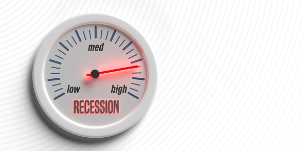 3D gauge tool concept: Speedometer icon on white background with copy space. Rating Meter charging from low to high. Circle cursor showing recession signs in global finance markets. Rising inflation rate. Growing depth crises. Economy, industry indicator.