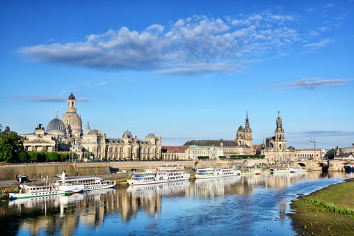Dresden skyline with Frauenkirche and Elbe river at sunny day, Germany