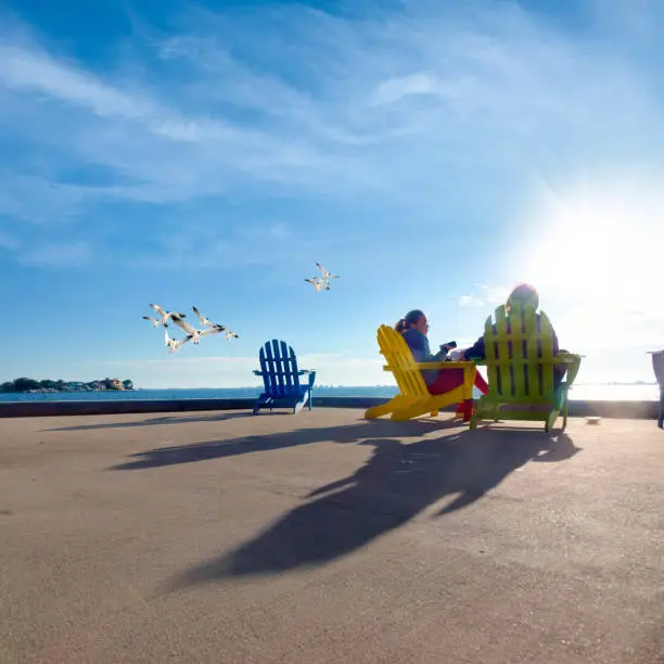 Photo of Two happy women sitting by seaside and watching view