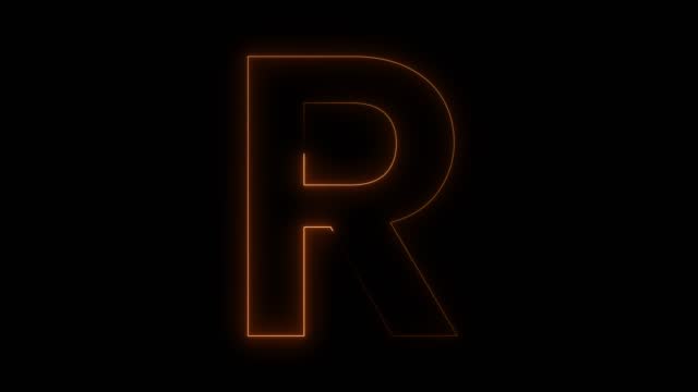 R Letter Yellow Neon Glowing Symbol on Black Background. 4k Animation.