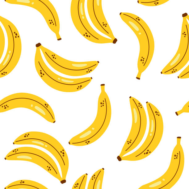 ilustrações, clipart, desenhos animados e ícones de padrão de banana vetorial. bananas amarelas fofas. padrão sem emendas com cachos de banana no fundo branco. - banana peeled banana peel white background