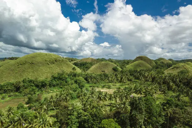 Photo of A cluster of the famed Chocolate Hills. A popular tourist spot and common sight in the town of Sagbayan, Bohol, Philippines.