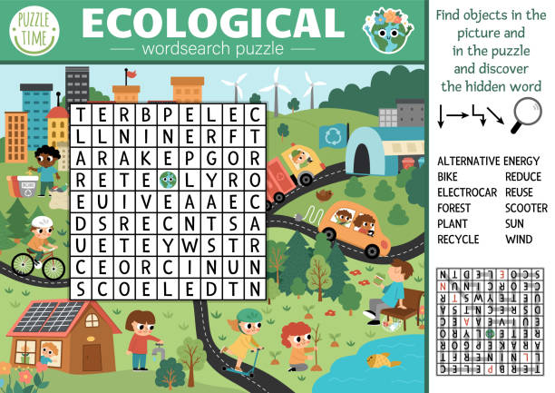 Vector ecological wordsearch puzzle for kids. Earth day word search quiz with eco city landscape. Eco awareness educational activity. Cross word with environment friendly scene Vector ecological wordsearch puzzle for kids. Earth day word search quiz with eco city landscape. Eco awareness educational activity. Cross word with environment friendly scene urban dictionary stock illustrations