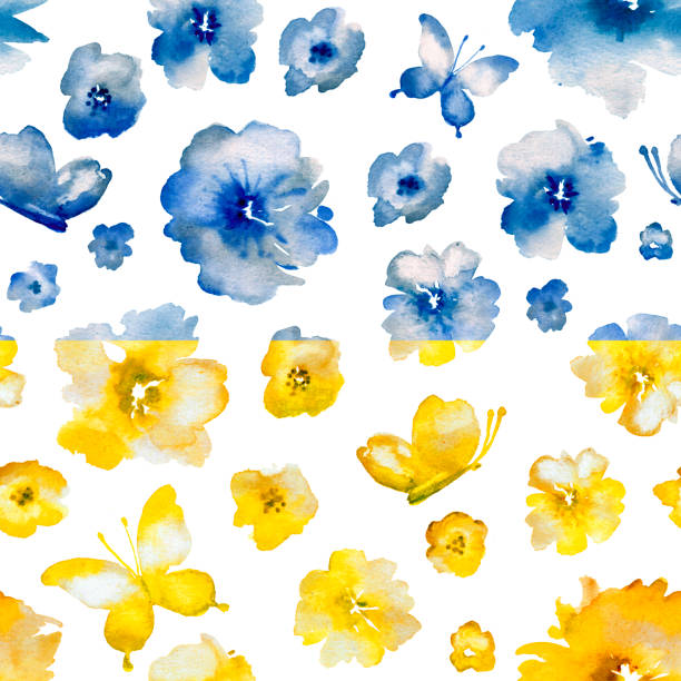 ilustrações de stock, clip art, desenhos animados e ícones de blue and yellow flowers on white background. ukraine flag - yellow background square macro rough