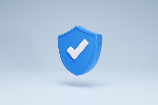 Representación 3D Marca de verificación Escudo de seguridad y protección Símbolos icono Vista lateral azul photo