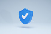 3D Rendering Checkmark Safety and Security Shield Icon Symbols Blue Side View
