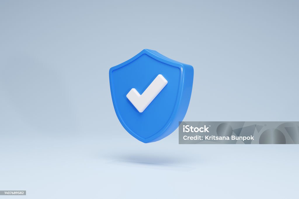 3D Rendering Checkmark Safety and Security Shield Icon Symbols Blue Side View 3D Rendering Checkmark Safety and Security icon Symbols Shield Blue on Background Side View Security Stock Photo