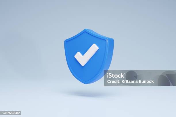 3d Rendering Checkmark Safety And Security Shield Icon Symbols Blue Side View Stock Photo - Download Image Now