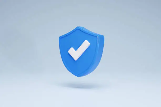 Photo of 3D Rendering Checkmark Safety and Security Shield Icon Symbols Blue Side View