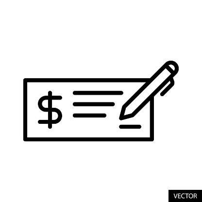 Cheque instrument, Money check with United States Dollar symbol vector icon in line style design for website, app, UI, isolated on white background. Editable stroke. EPS 10 vector illustration.