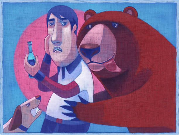 bear holding man beside angry dog digital painting / raster illustration of bear hugging man beside angry dog bear stomach stock illustrations