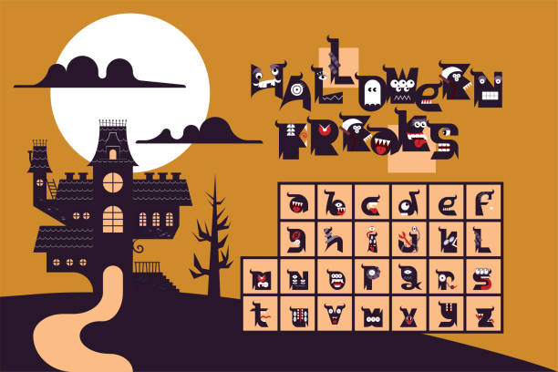 illustrations, cliparts, dessins animés et icônes de alphabet typographique minuscule avec thème halloween - monstrosity