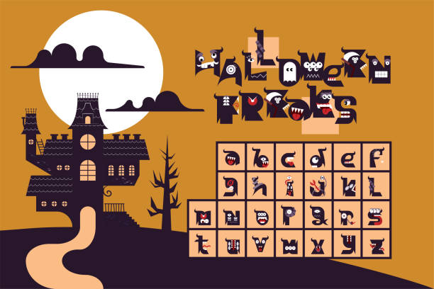 illustrazioni stock, clip art, cartoni animati e icone di tendenza di alfabeto tipografico minuscolo con tema halloween - monstrosity