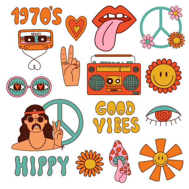Set of Retro 70s groovy elements. Hippy collection. Vector illustration Set of Retro 70s groovy elements. Hippy collection. Vector illustration stampeding stock illustrations