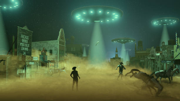 abducción alienígena en el viejo salvaje oeste - aliens and cowboys fotografías e imágenes de stock