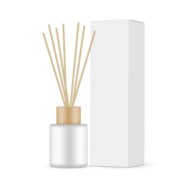 Diffuser Bottle With Aroma Sticks and Packaging Box Mockup Diffuser Bottle With Aroma Sticks and Packaging Box Mockup, Side View, Isolated on White Background. Vector Illustration home fragrance stock illustrations