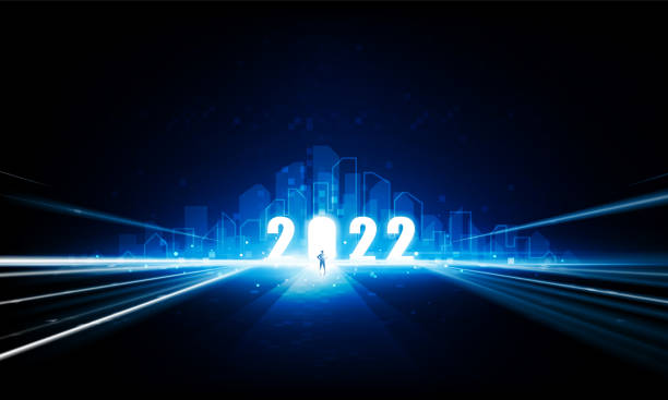 istock Abstract businessman open Key Door Light out 2022 business in city pixel Hitech communication concept innovation background, vector design 1407697730