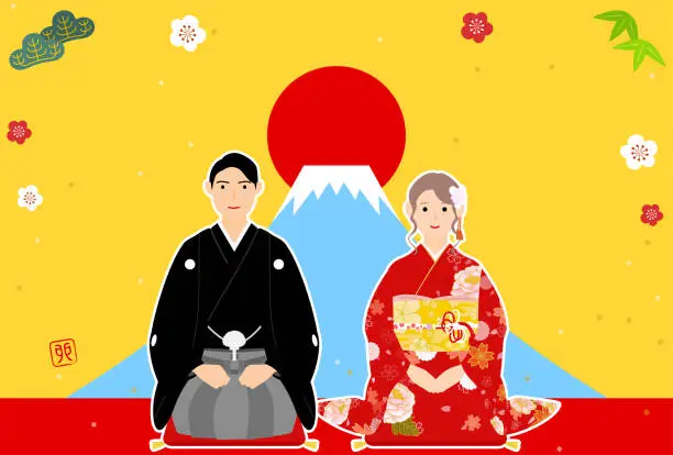 Vector illustration of New Year's card for the year of the Rabbit, 2023, with a man and a woman in kimono, the first sunrise of the year, and Mt.Fuji - Translation: Rabbit.