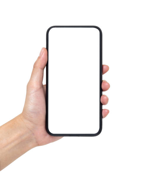 istock Hand business woman holding mobile smartphone with blank screen with space for inserting advertising text. isolated on white background with clipping path 1407703046
