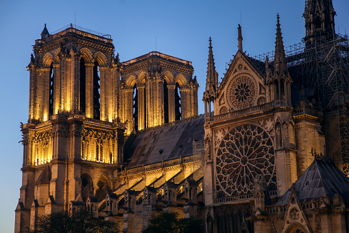 Notre-Dame Cathedral at night in Paris, France.