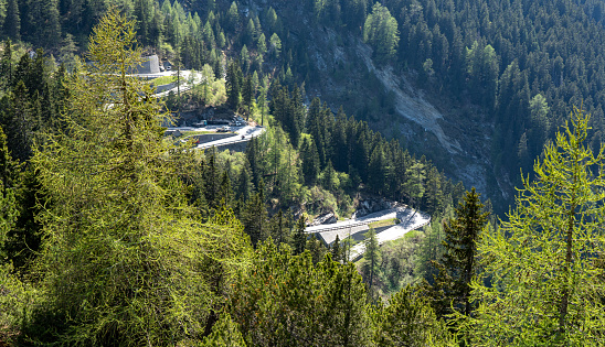 Maloja mountain pass road in the Alps