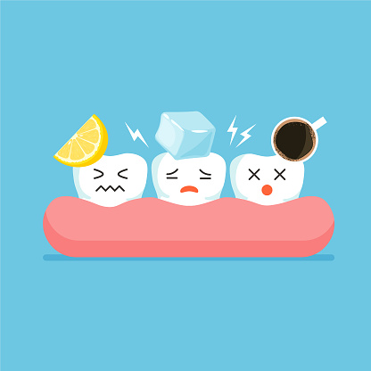 Sensitive cartoon teeth with ice, hot drinks and lemon. Dental care concept. Vector illustration isolated on blue background.