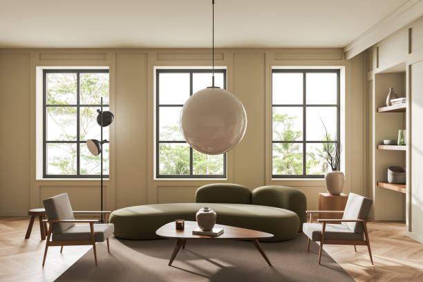 istock Light lounge room interior with couch and chair, shelf and panoramic window 1407709754