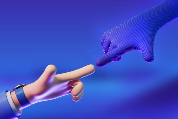 istock Cartoon finger touch digital hand in alternate reality, metaverse 1407710311