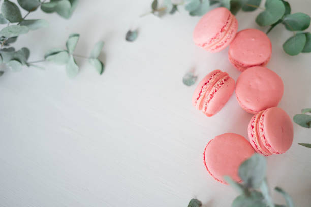 istock Pink macaron cookies and eucalyptus branches on a white background with copy space. 1407710358