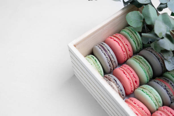 istock Pink, lilac and mint macaron cookies in the box with eucalyptus branches. 1407710377