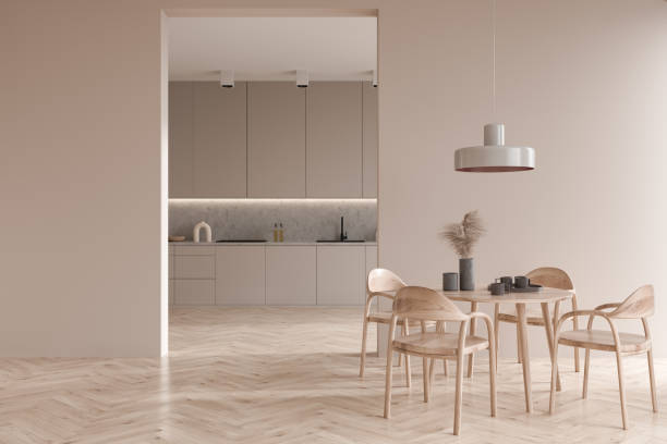 istock Light kitchen interior with eating table and seats, shelves and kitchenware 1407710386