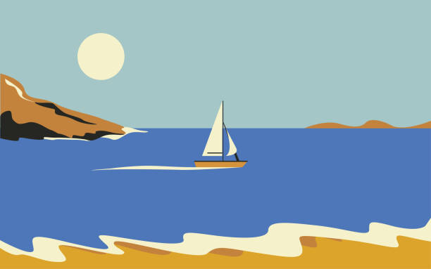 schöne aussicht auf die meereslandschaft und die küste. ein boot oder eine yacht segelt auf dem meer. urlaub oder sommerferien. im retro-stil - regatta stock-grafiken, -clipart, -cartoons und -symbole