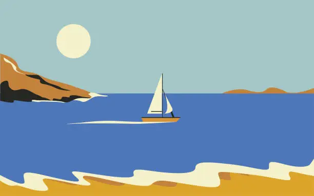 Vector illustration of Beautiful view of the seascape and the coast. A boat or yacht is sailing on the sea. Vacation or summer holidays. In retro style