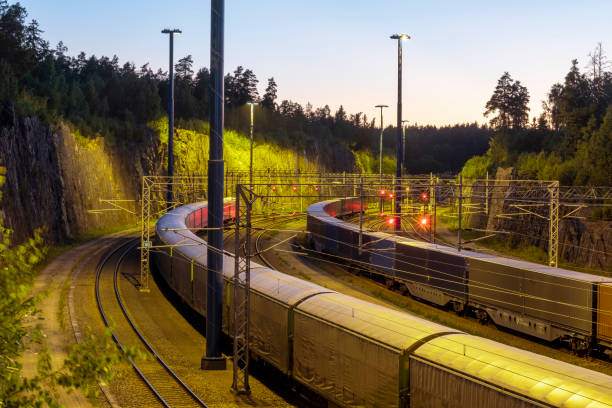 Cargo train junction during the sunset. stock photo