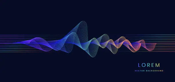 Vector illustration of Abstract colorful sound wave music lines flowing on dark blue background.