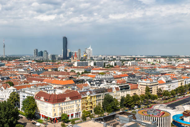 Vienna city center skyline and St. Othmar gothic parish. Austria