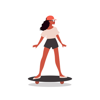 Flat style illustration of skateboarder. Cute illustration of running girl. Cartoon character on white background