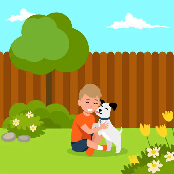 Vector illustration of A little dog licking a boy's cheek. Best friends. Cartoon vector clip art illustration on the backyard