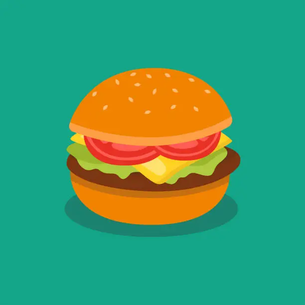 Vector illustration of Colorful, bright Hamburger, stock vector illustration isolated on white background. Graphic detailed clipart with bun, cheese, tomatoes, salad. For promotion, advertising, menu.