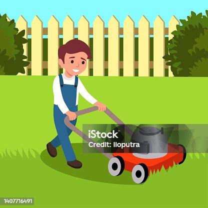 istock Vector illustration of a boy cutting grass with lawn mower isolated on white background. Cute kid doing garden work. Spring gardening activity picture with funny character 1407716491