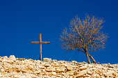 Wooden cross and bare tree on rocky landscape