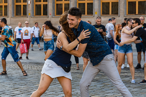 Wroclaw, Poland - 31 July 2021: Dancing party Rueda de Casino open event at market square